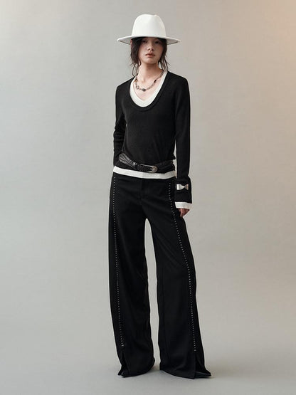 AnnoMundi Pantalon large en polyester pour femme, imprimé étoiles noires, taille mi-haute, ourlet fendu