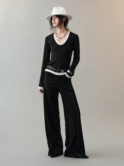 AnnoMundi Pantalon large en polyester pour femme, imprimé étoiles noires, taille mi-haute, ourlet fendu
