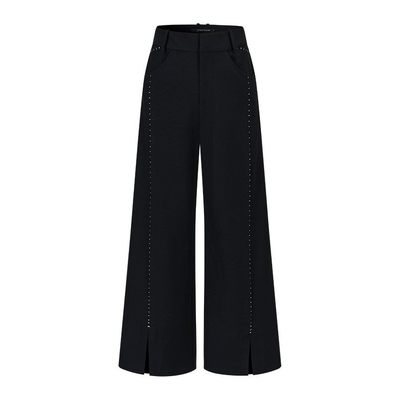 AnnoMundi Pantalon large en polyester pour femme, imprimé étoiles noires, taille mi-haute, ourlet fendu