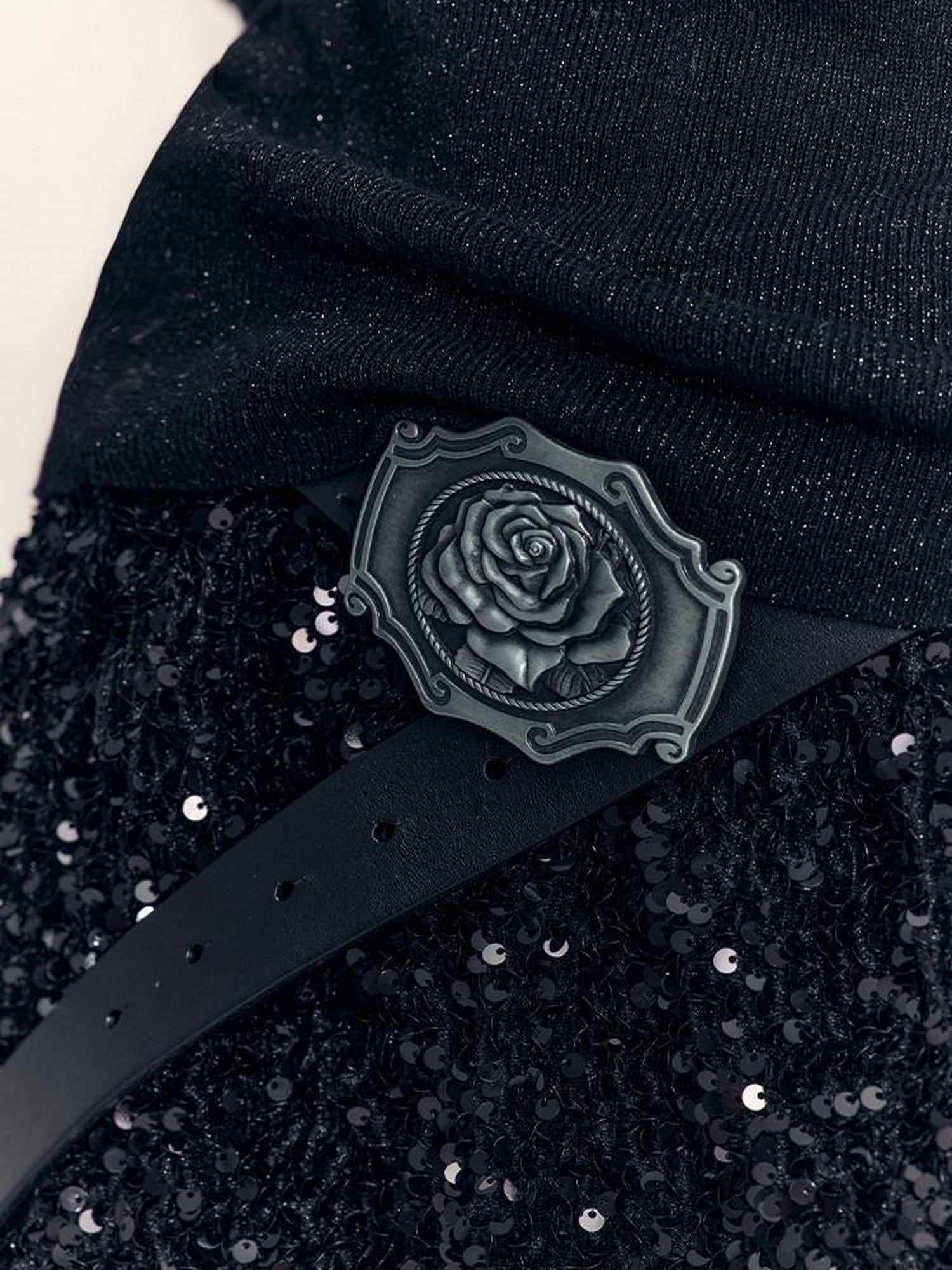 AnnoMundi Ceinture en cuir de vachette pleine fleur Black Vintage Rose Original Indie pour femmes