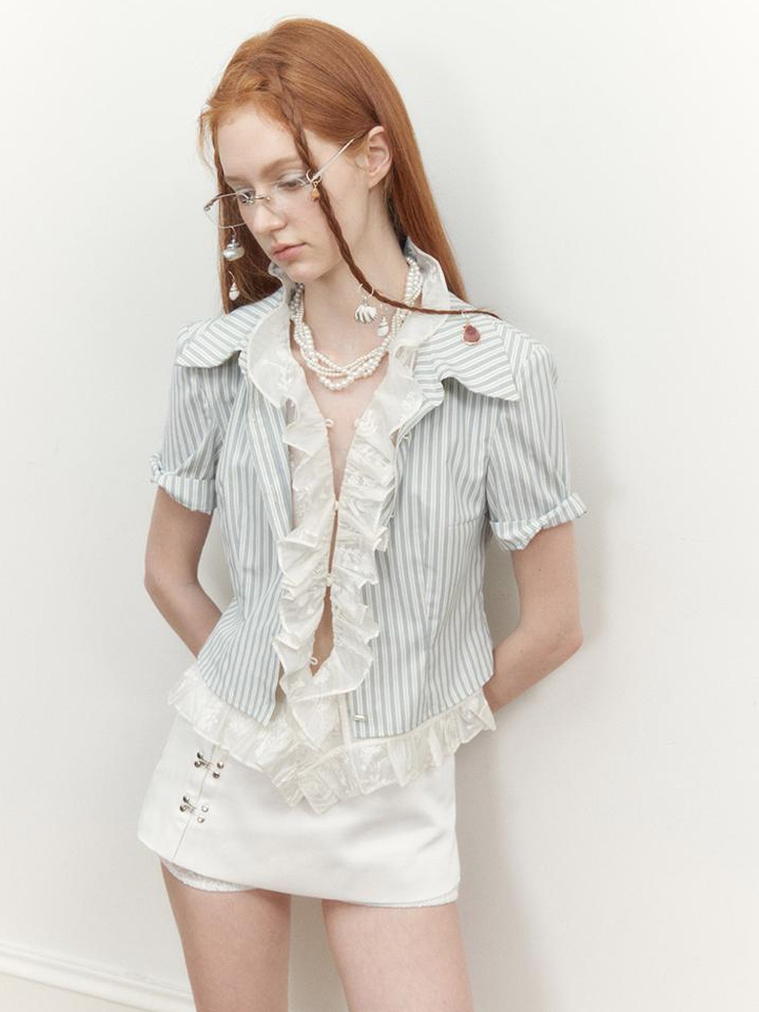 AnnoMundi Blue Lace Illusion Striped Shirt