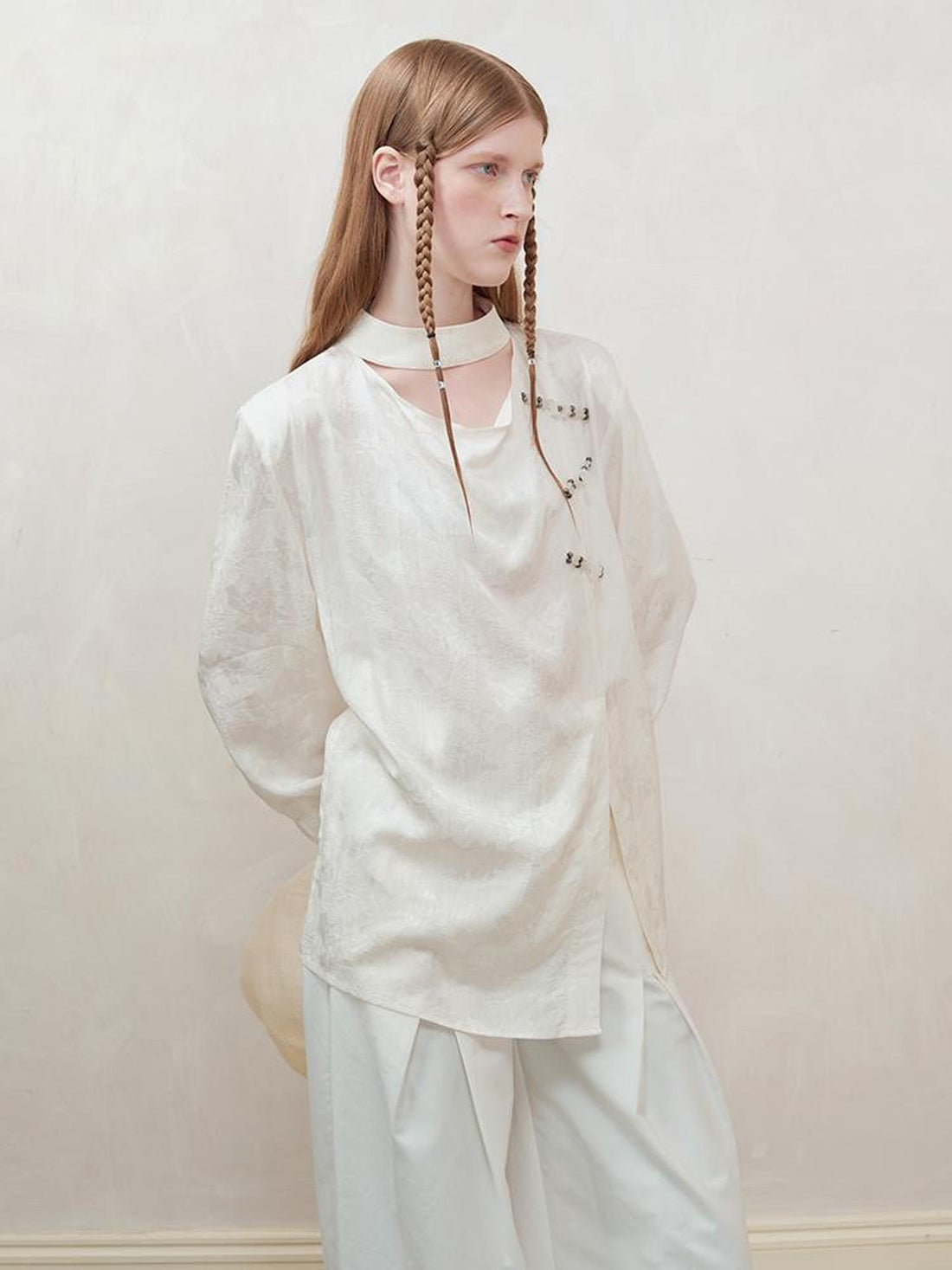 AnnoMundi Braided Knot Textured V-Neck Shirt With Beaded Closures