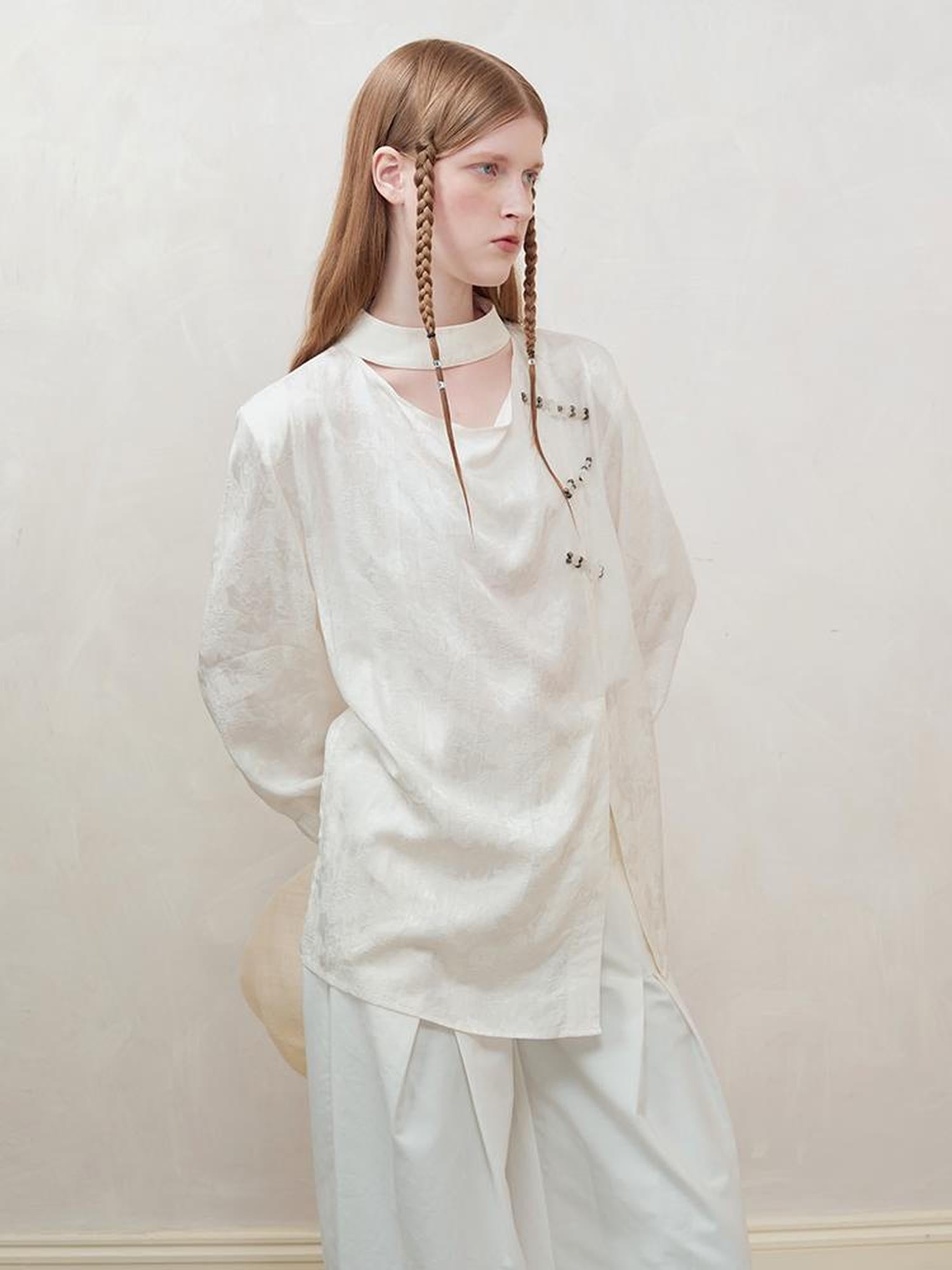 AnnoMundi Braided Knot Textured V-Neck Shirt With Beaded Closures