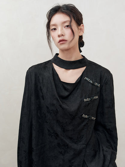 AnnoMundi Braided Knot Textured V-Neck Shirt With Beaded Closures