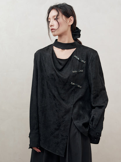 AnnoMundi Braided Knot Textured V-Neck Shirt With Beaded Closures