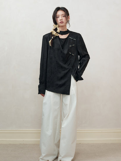 AnnoMundi Braided Knot Textured V-Neck Shirt With Beaded Closures