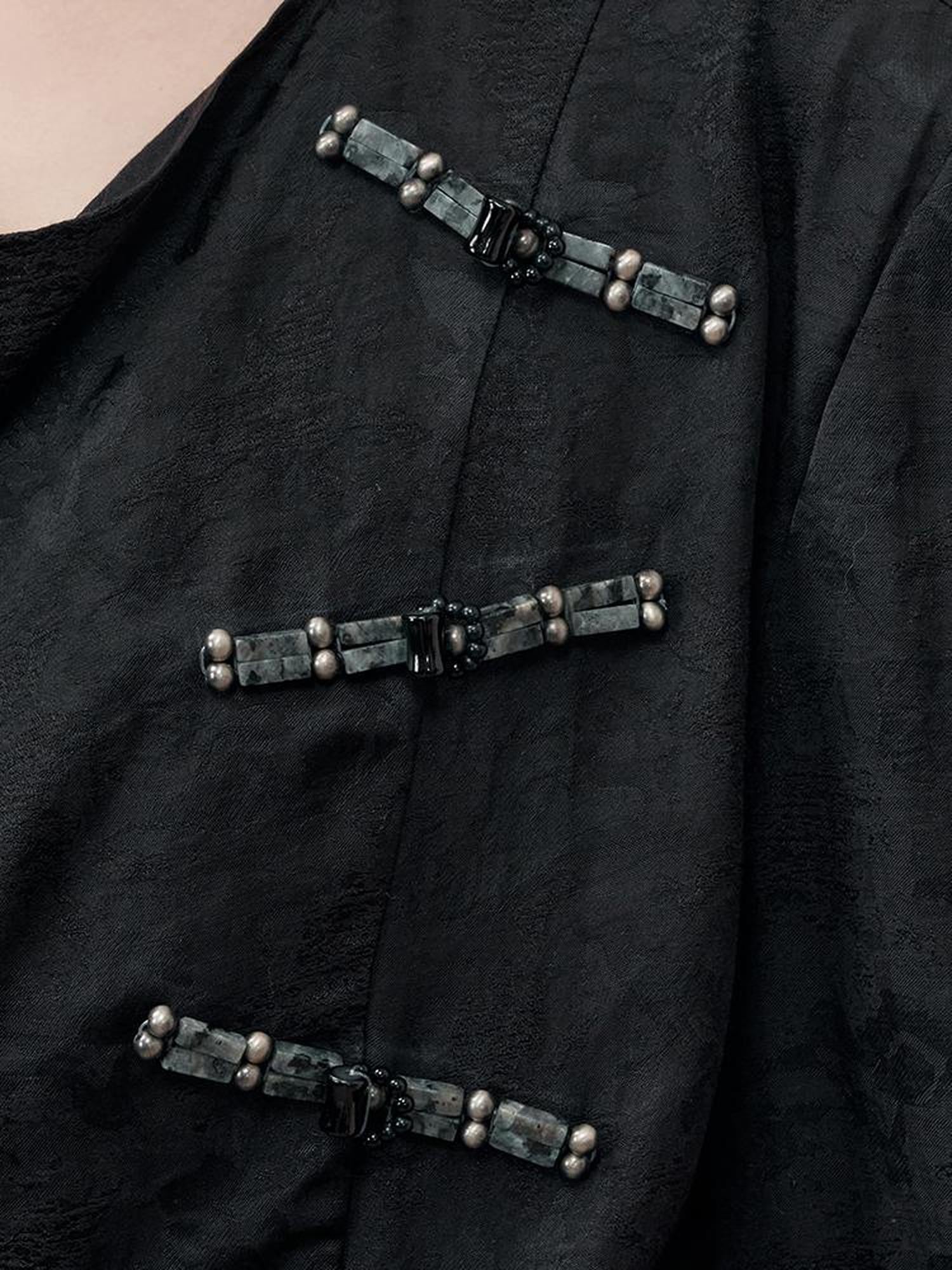 AnnoMundi Braided Knot Textured V-Neck Shirt With Beaded Closures