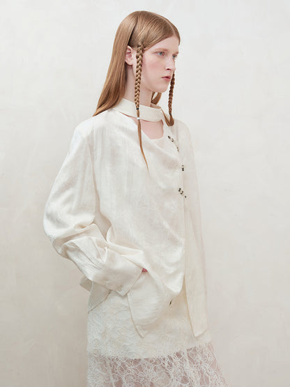 AnnoMundi Braided Knot Textured V-Neck Shirt With Beaded Closures
