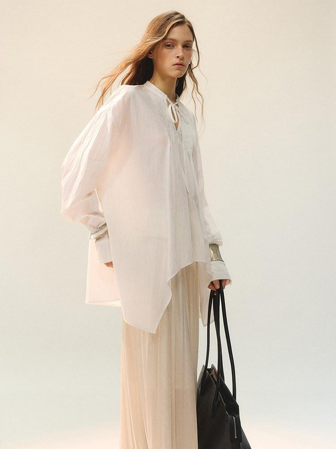 AnnoMundi Breathable Lyocell Tie Front V-neck Loose Fit Casual Women White Blouses