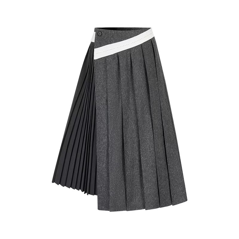 AnnoMundi_Casual_Pleated_Patchwork_Asymmetric_Placket_Mid_Waist_Grey_Polyester_Maxi_Dresses_MISSTT
