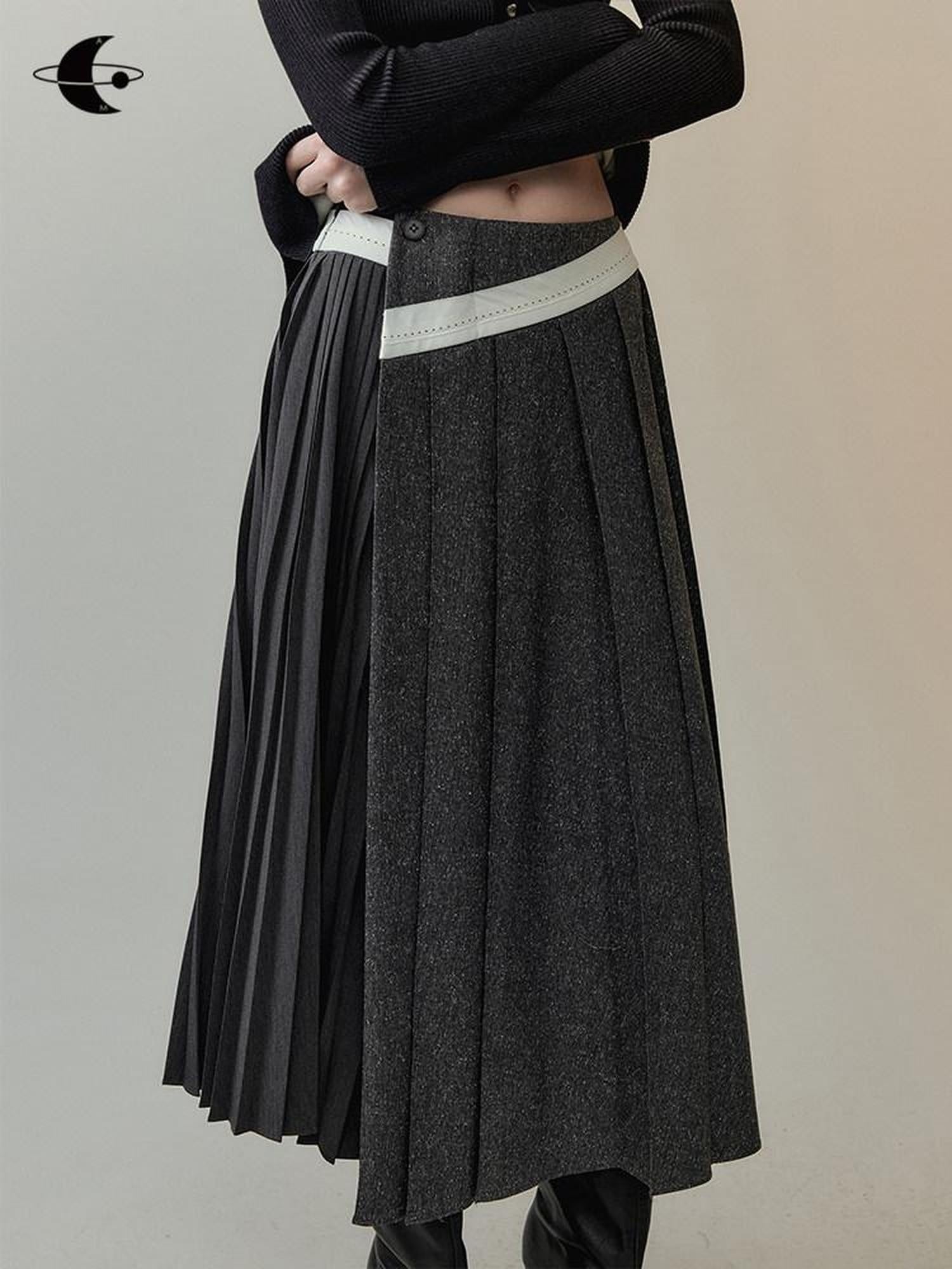 AnnoMundi Casual Pleated Patchwork Asymmetric Placket Mid Waist Grey Polyester Maxi Dresses