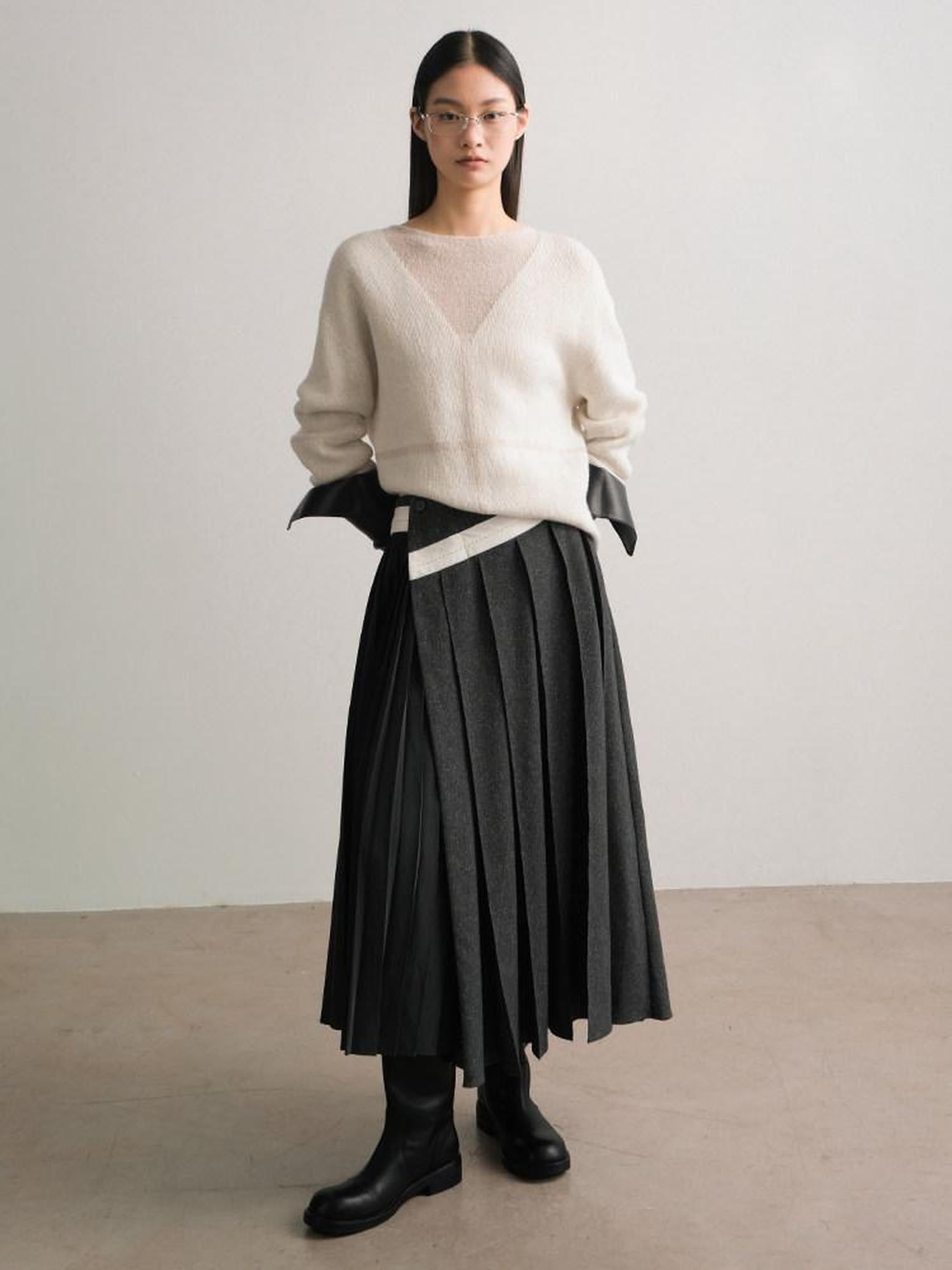 AnnoMundi Casual Pleated Patchwork Asymmetric Placket Mid Waist Grey Polyester Maxi Dresses