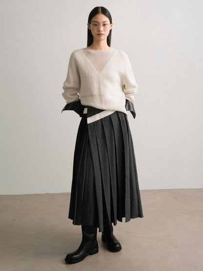 AnnoMundi Casual Pleated Patchwork Asymmetric Placket Mid Waist Grey Polyester Maxi Dresses
