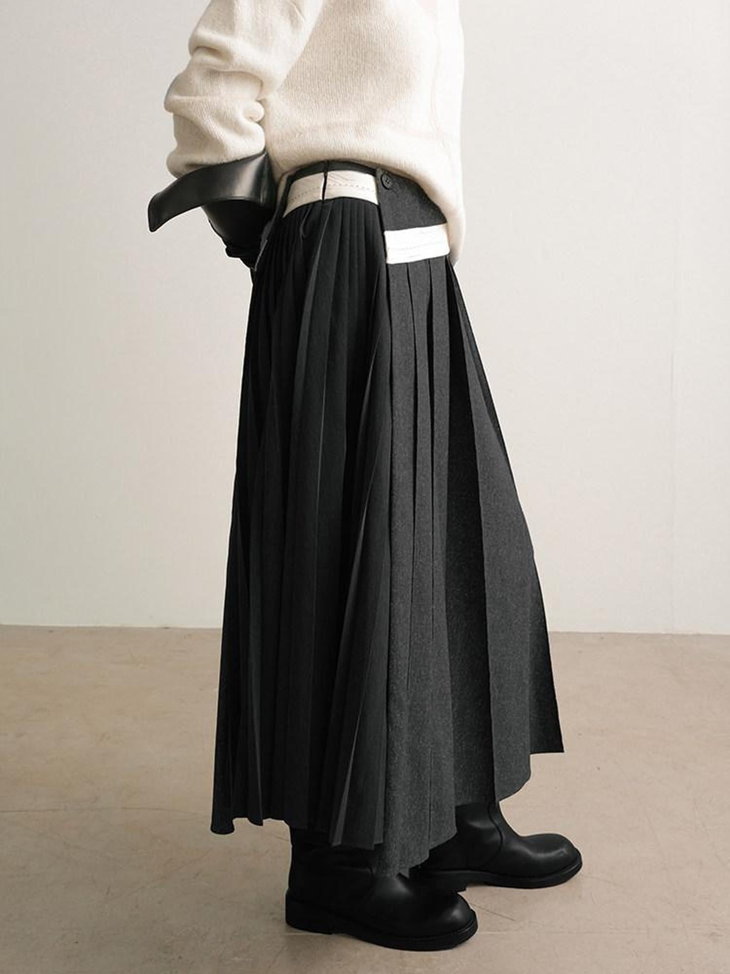 AnnoMundi Casual Pleated Patchwork Asymmetric Placket Mid Waist Grey Polyester Maxi Dresses