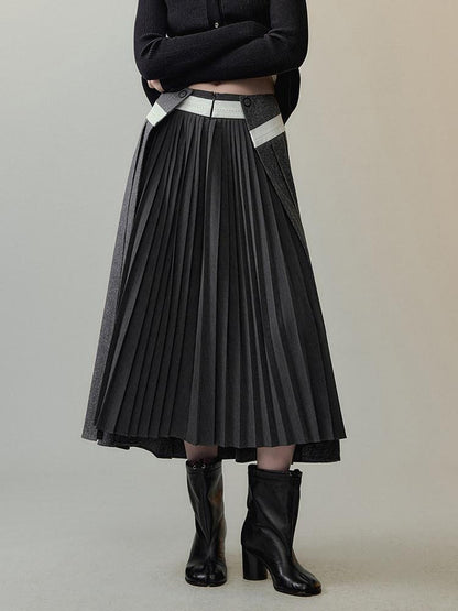 AnnoMundi Casual Pleated Patchwork Asymmetric Placket Mid Waist Grey Polyester Maxi Dresses