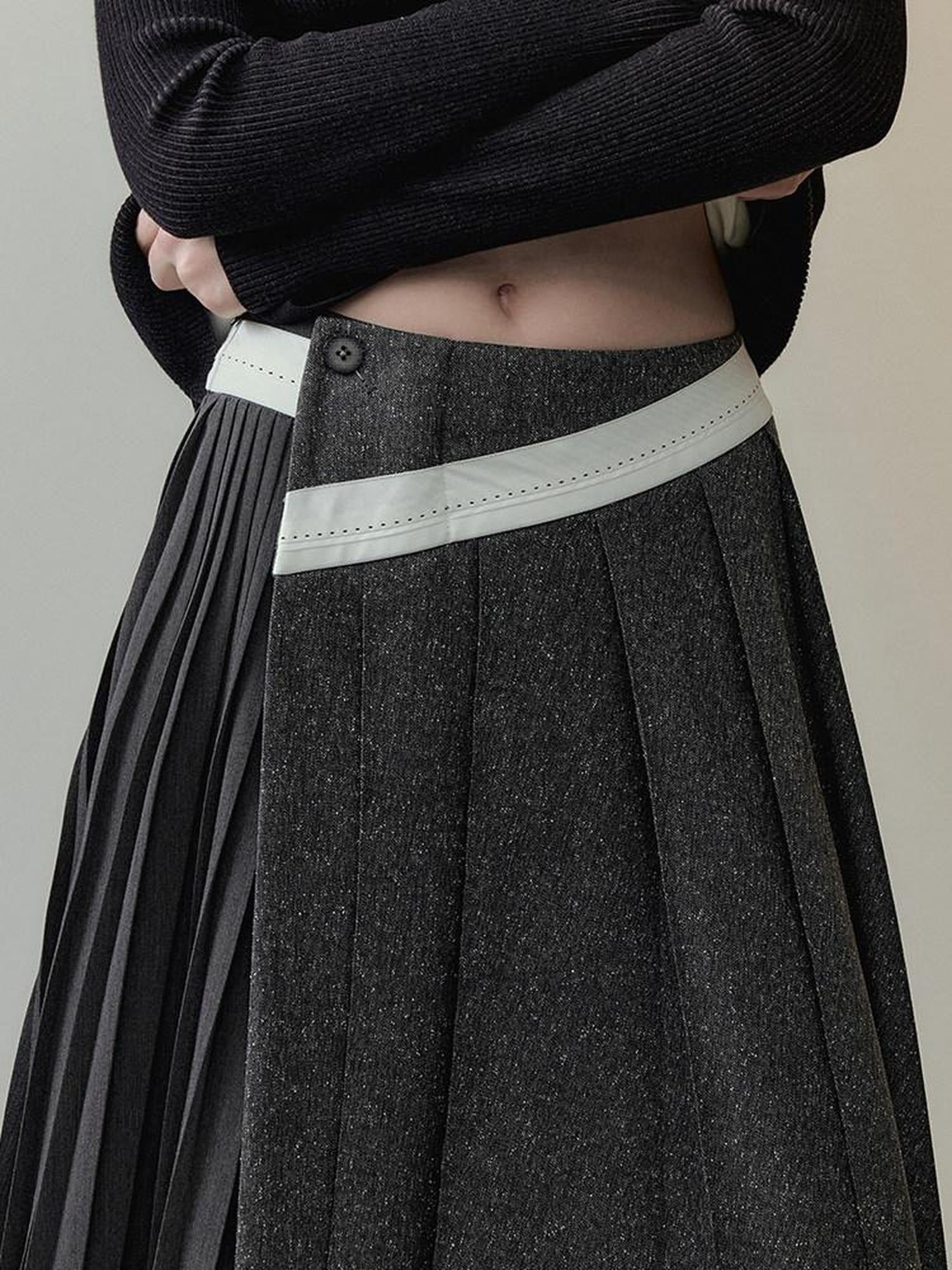 AnnoMundi Casual Pleated Patchwork Asymmetric Placket Mid Waist Grey Polyester Maxi Dresses