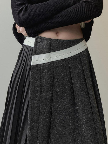 AnnoMundi Casual Pleated Patchwork Asymmetric Placket Mid Waist Grey Polyester Maxi Dresses