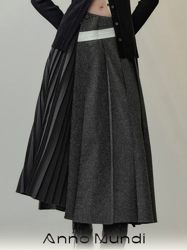 AnnoMundi Casual Pleated Patchwork Asymmetric Placket Mid Waist Grey Polyester Maxi Dresses