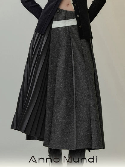 AnnoMundi Casual Pleated Patchwork Asymmetric Placket Mid Waist Grey Polyester Maxi Dresses