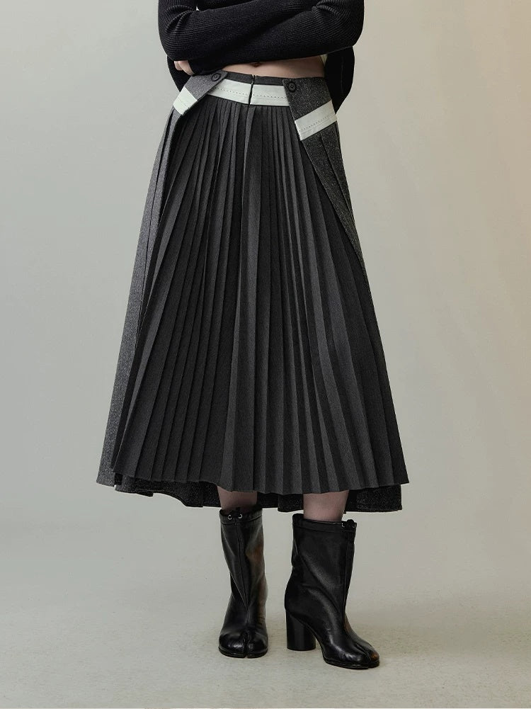 AnnoMundi Casual Pleated Patchwork Asymmetric Placket Mid Waist Grey Polyester Maxi Dresses