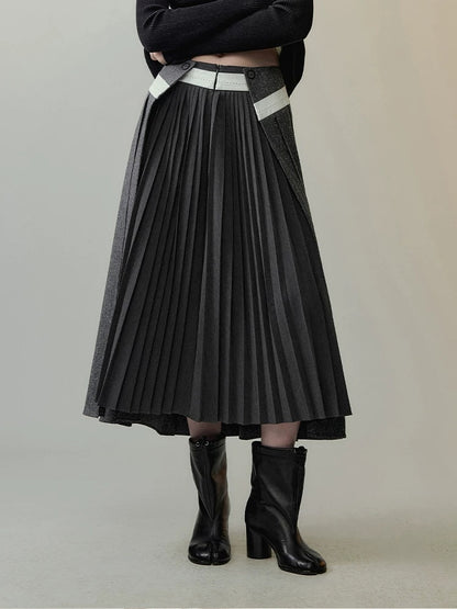AnnoMundi Casual Pleated Patchwork Asymmetric Placket Mid Waist Grey Polyester Maxi Dresses