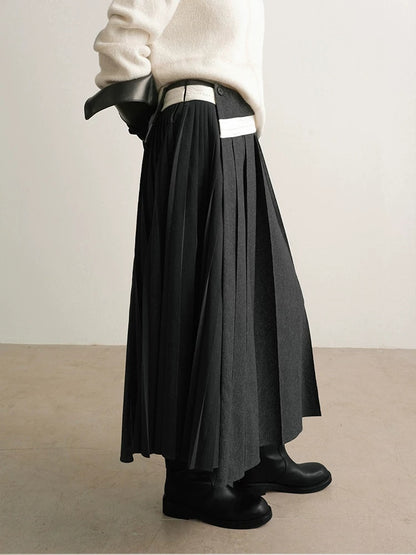 AnnoMundi Casual Pleated Patchwork Asymmetric Placket Mid Waist Grey Polyester Maxi Dresses