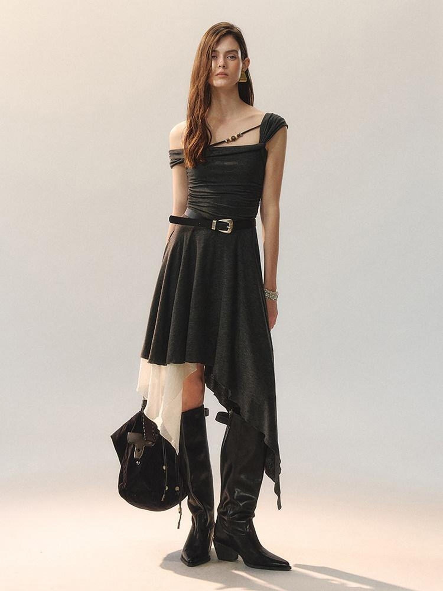 AnnoMundi Casual X Silhouette Sleeveless Grey Polyester Women City Strapless Midi Dresses