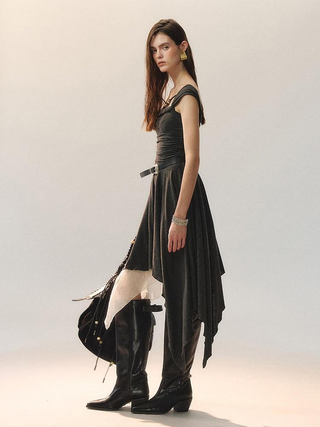 AnnoMundi Casual X Silhouette Sleeveless Grey Polyester Women City Strapless Midi Dresses