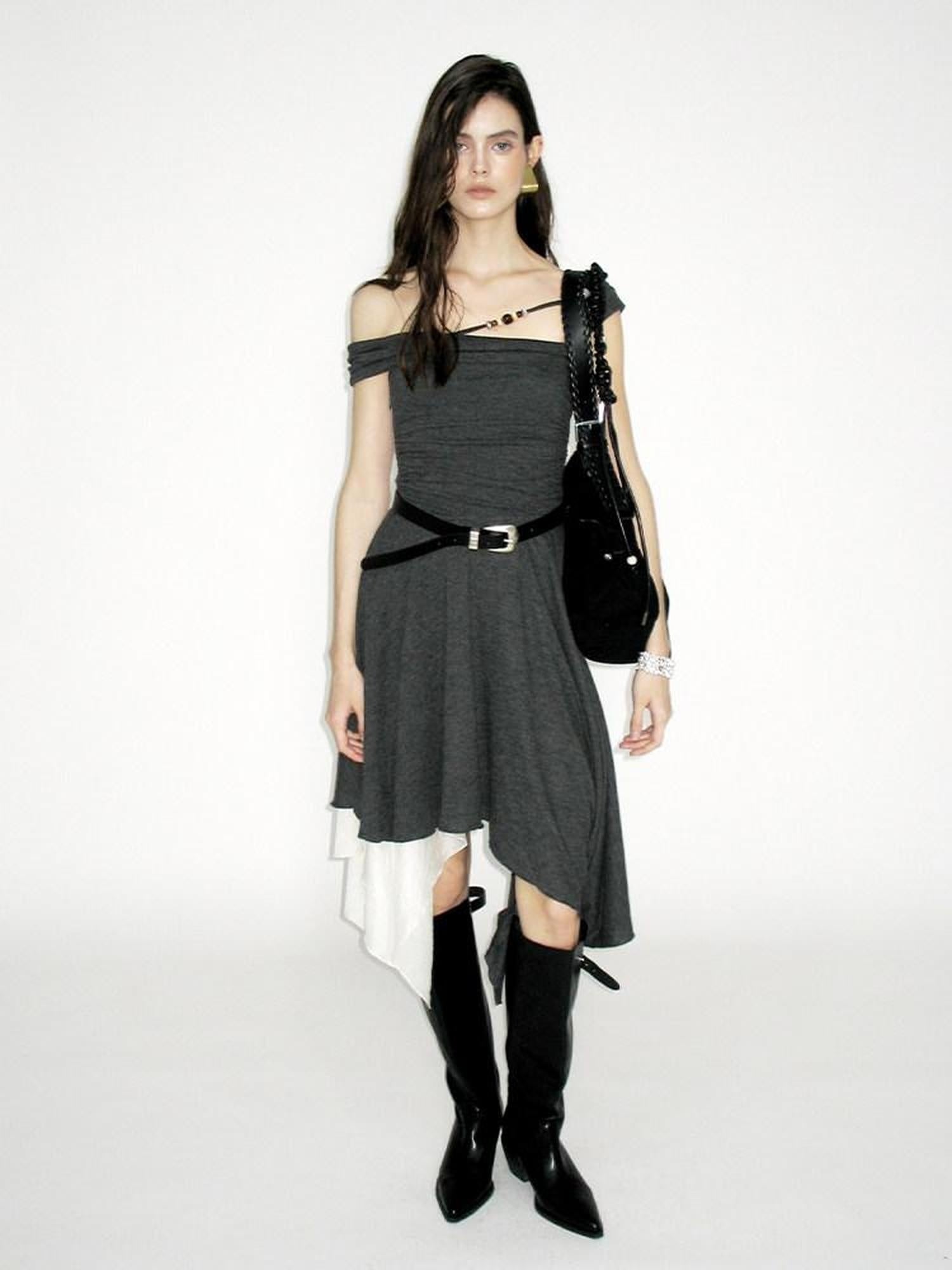 AnnoMundi Casual X Silhouette Sleeveless Grey Polyester Women City Strapless Midi Dresses
