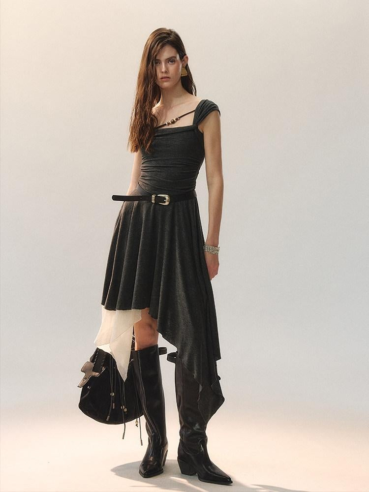 AnnoMundi Casual X Silhouette Sleeveless Grey Polyester Women City Strapless Midi Dresses