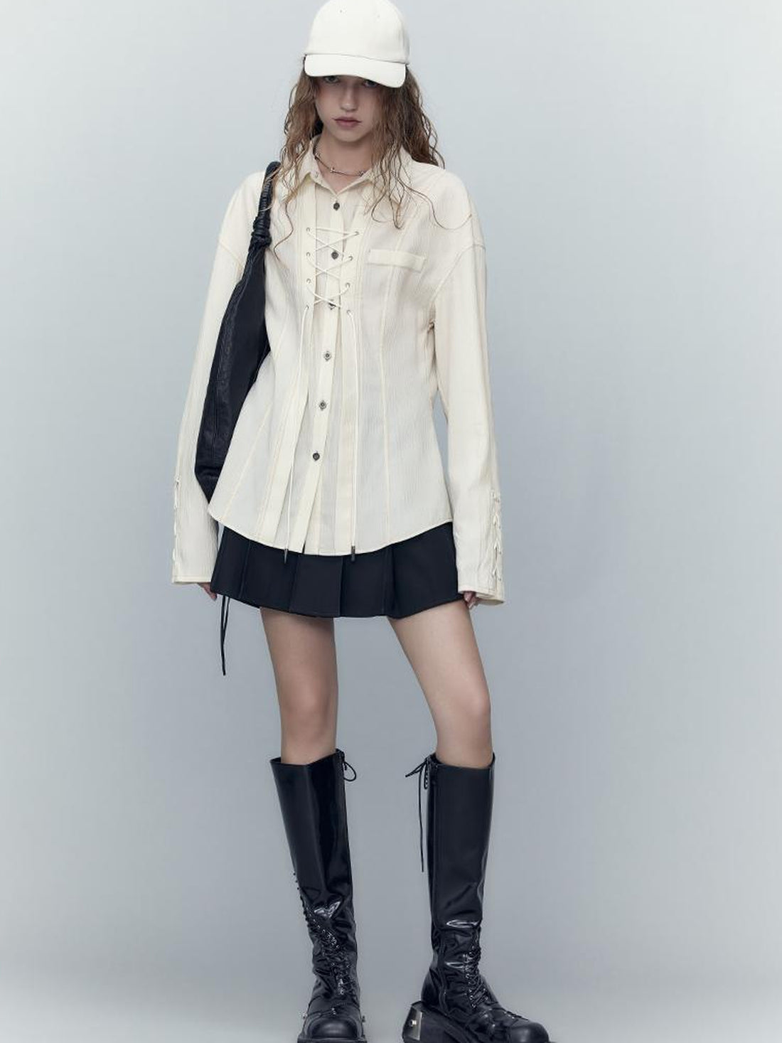 AnnoMundi Classic Pleated Tencel Shirt With Layered Placket And Waist Tie