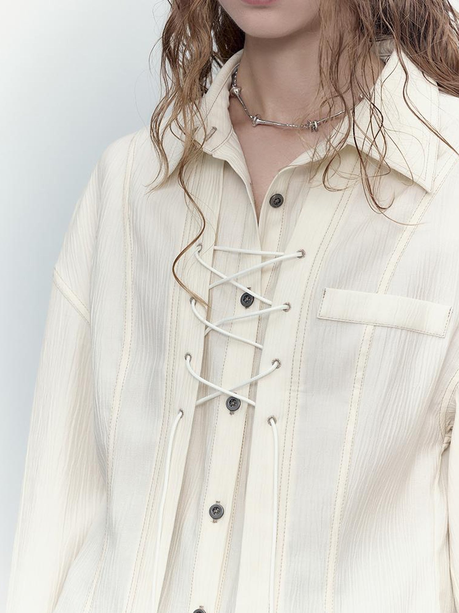 AnnoMundi Classic Pleated Tencel Shirt With Layered Placket And Waist Tie