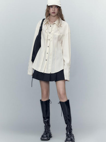 AnnoMundi Classic Pleated Tencel Shirt With Layered Placket And Waist Tie