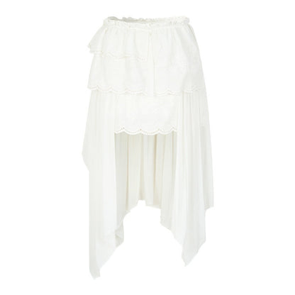 AnnoMundi Jupe midi asymétrique en coton pour femmes, en gaze nuageuse, broderie superposée, dentelle et volants