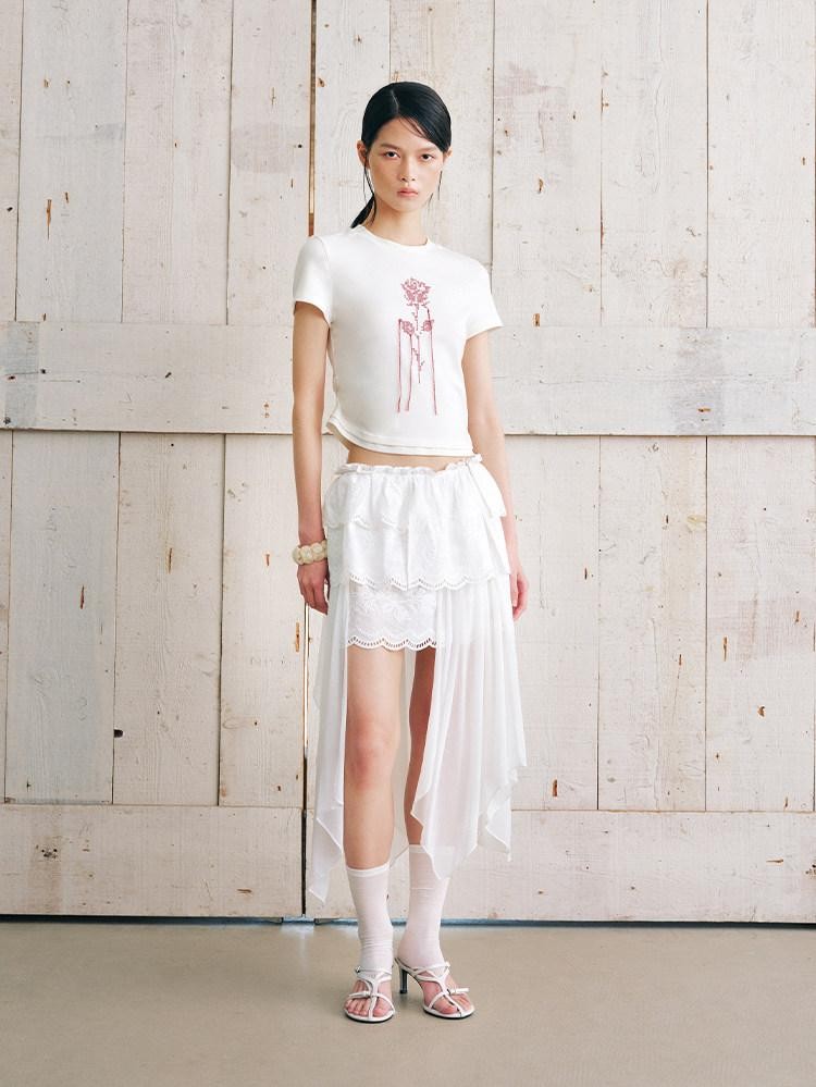 AnnoMundi Jupe midi asymétrique en coton pour femmes, en gaze nuageuse, broderie superposée, dentelle et volants