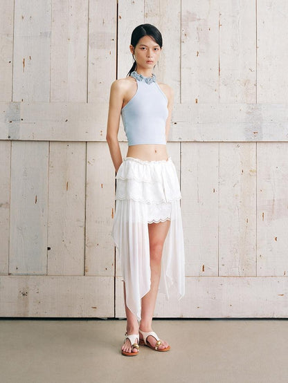 AnnoMundi Jupe midi asymétrique en coton pour femmes, en gaze nuageuse, broderie superposée, dentelle et volants