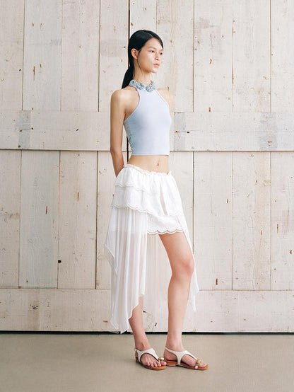 AnnoMundi Jupe midi asymétrique en coton pour femmes, en gaze nuageuse, broderie superposée, dentelle et volants