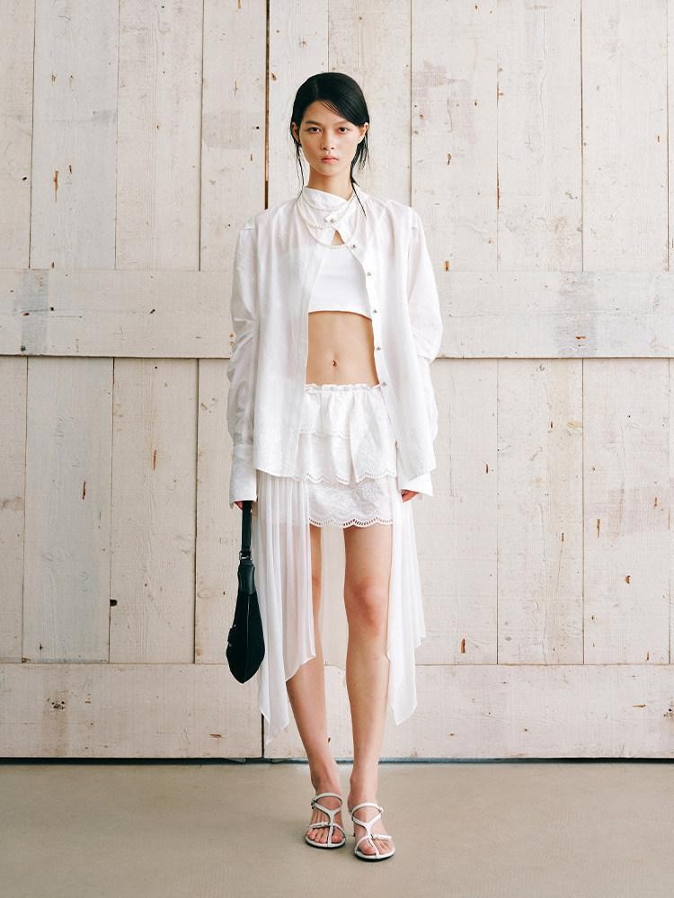 AnnoMundi Jupe midi asymétrique en coton pour femmes, en gaze nuageuse, broderie superposée, dentelle et volants