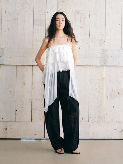 AnnoMundi Jupe midi asymétrique en coton pour femmes, en gaze nuageuse, broderie superposée, dentelle et volants