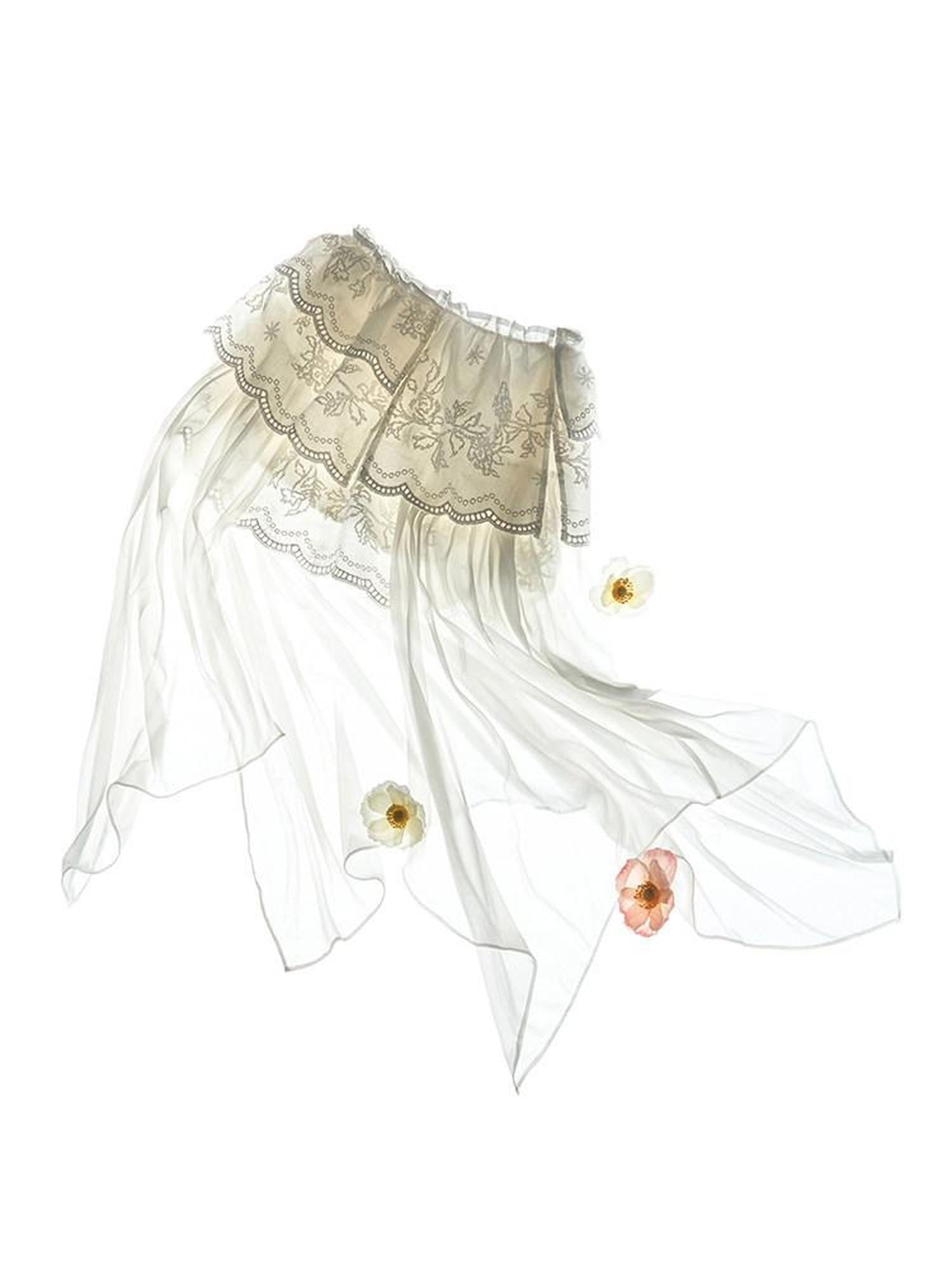 AnnoMundi Jupe midi asymétrique en coton pour femmes, en gaze nuageuse, broderie superposée, dentelle et volants