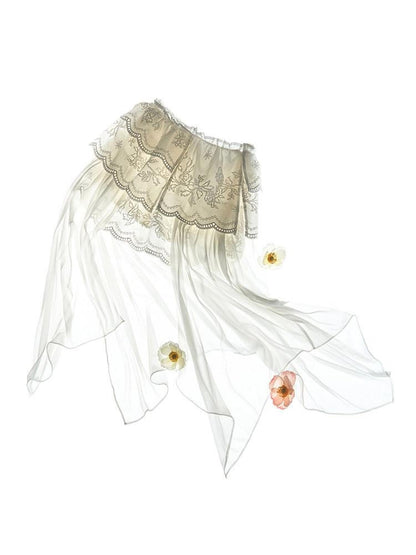 AnnoMundi Jupe midi asymétrique en coton pour femmes, en gaze nuageuse, broderie superposée, dentelle et volants