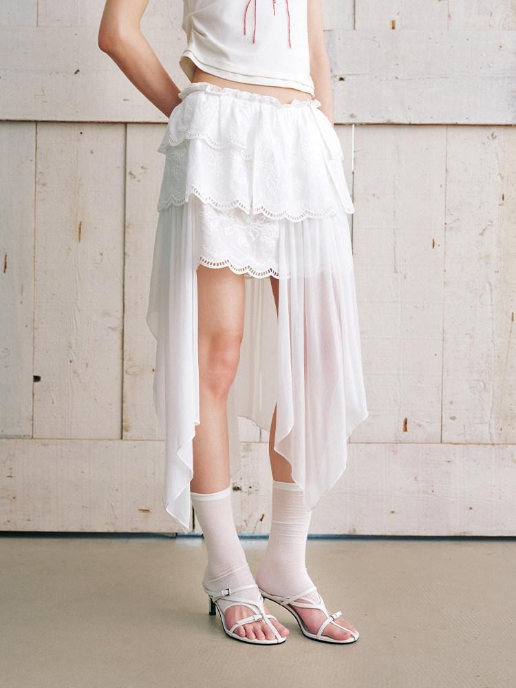 AnnoMundi Jupe midi asymétrique en coton pour femmes, en gaze nuageuse, broderie superposée, dentelle et volants