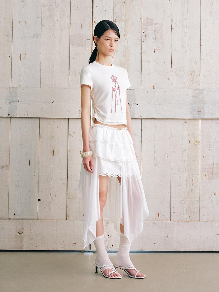 AnnoMundi Jupe midi asymétrique en coton pour femmes, en gaze nuageuse, broderie superposée, dentelle et volants