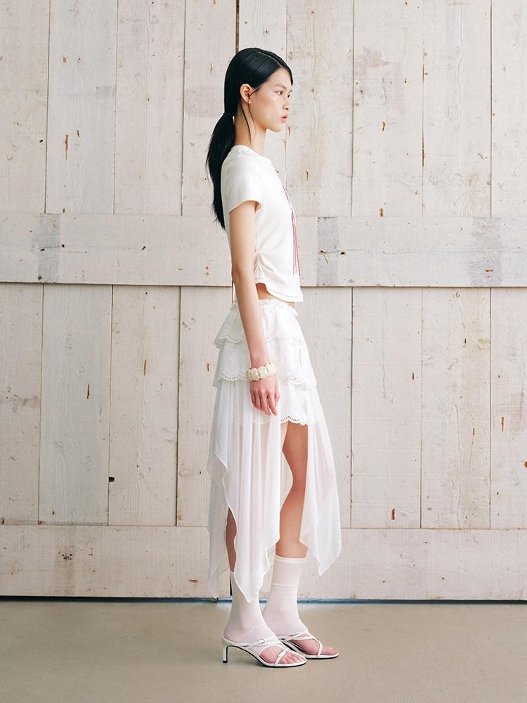 AnnoMundi Jupe midi asymétrique en coton pour femmes, en gaze nuageuse, broderie superposée, dentelle et volants