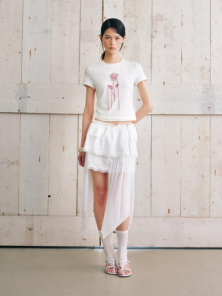 AnnoMundi Jupe midi asymétrique en coton pour femmes, en gaze nuageuse, broderie superposée, dentelle et volants