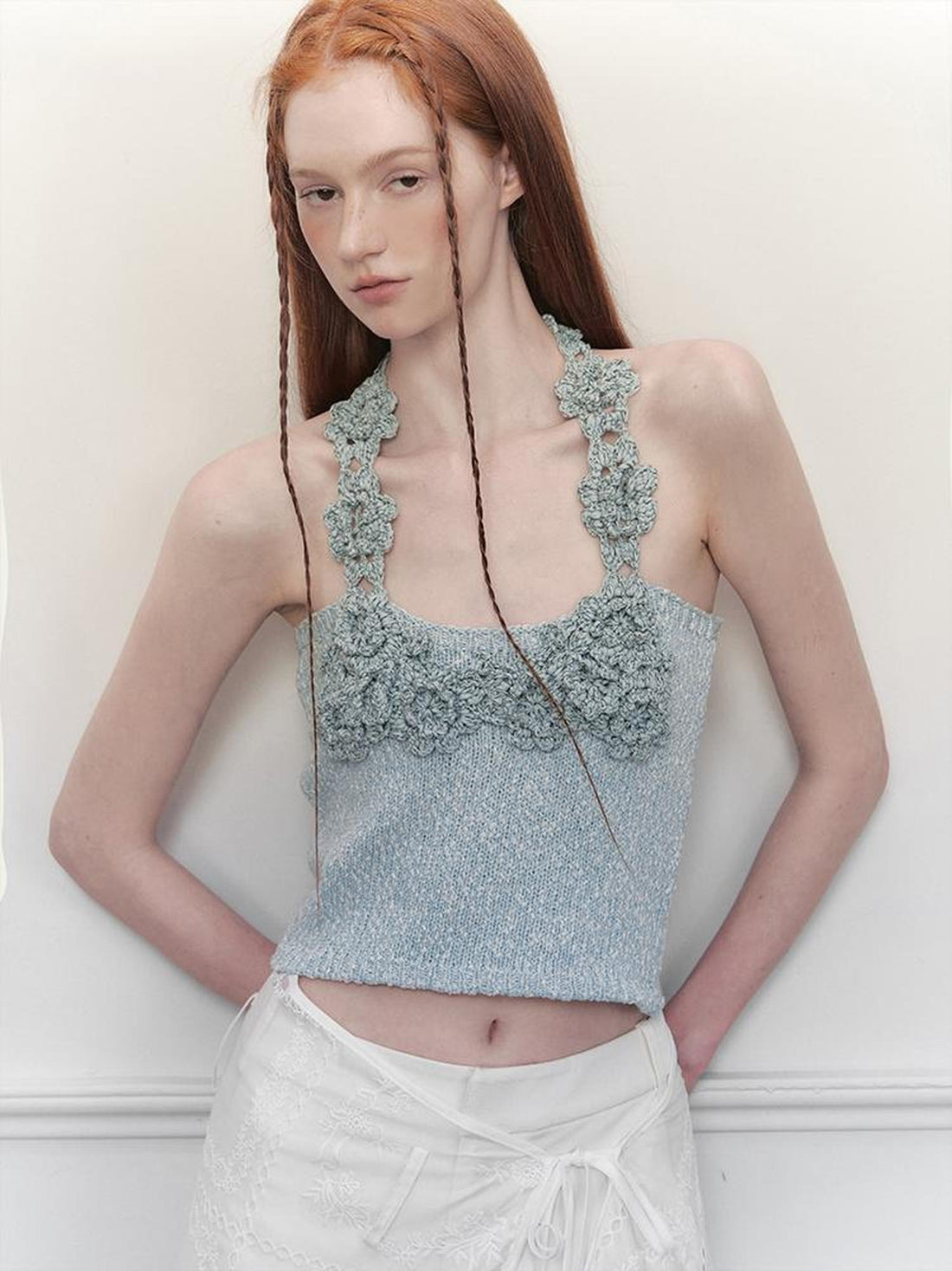 AnnoMundi Cluster Knot Braided Texture Crochet Vest V Neck T Shirt Long Sleeve