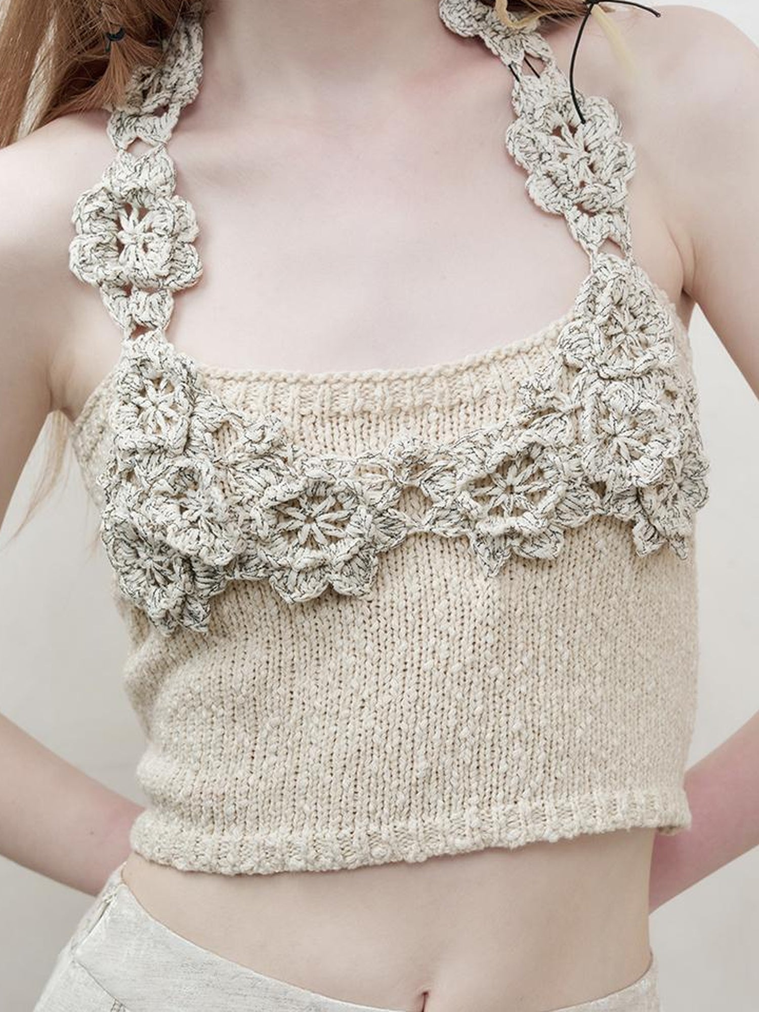 AnnoMundi Cluster Knot Braided Texture Crochet Vest V Neck T Shirt Long Sleeve