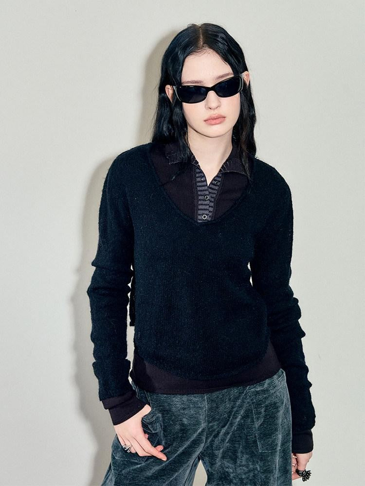 AnnoMundi T-shirts deux pièces à manches longues en mohair, col montant, maille slim et colorblock pour femmes