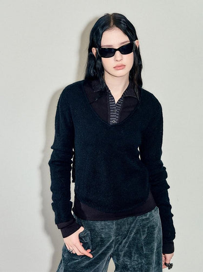 AnnoMundi T-shirts deux pièces à manches longues en mohair, col montant, maille slim et colorblock pour femmes
