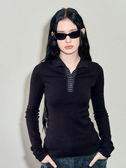 AnnoMundi T-shirts deux pièces à manches longues en mohair, col montant, maille slim et colorblock pour femmes